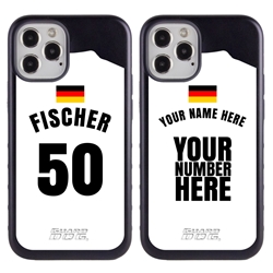 
Personalized Germany Soccer Jersey Case for iPhone 12 / 12 Pro – Hybrid – (Black Case, Dark Blue Silicone)