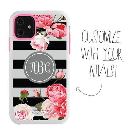 Personalized Monogram Case for iPhone 11 – Hybrid – Pink Peonies and Roses
