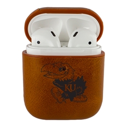 
AudioSpice Collegiate Leather Cover for Apple AirPods Generation 1/2 Case with Carabiner and Safety Cord - Kansas Jayhawks