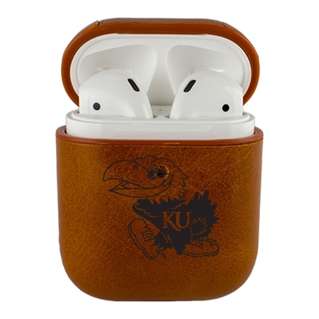 AudioSpice Collegiate Leather Cover for Apple AirPods Generation 1/2 Case with Carabiner and Safety Cord - Kansas Jayhawks
