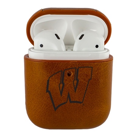 AudioSpice Collegiate Leather Cover for Apple AirPods Generation 1/2 Case with Carabiner and Safety Cord - Wisconsin Badgers
