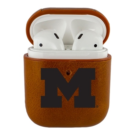AudioSpice Collegiate Leather Cover for Apple AirPods Generation 1/2 Case with Carabiner and Safety Cord - Michigan Wolverines
