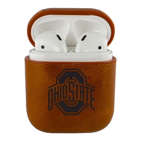 AudioSpice Collegiate Leather Cover for Apple AirPods Generation 1/2 Case with Carabiner and Safety Cord - Ohio State Buckeyes
