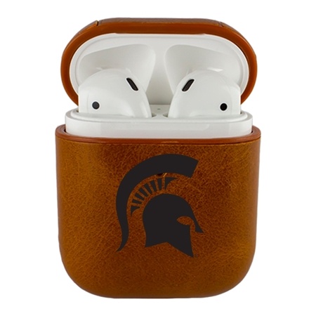 AudioSpice Collegiate Leather Cover for Apple AirPods Generation 1/2 Case with Carabiner and Safety Cord - Michigan State Spartans
