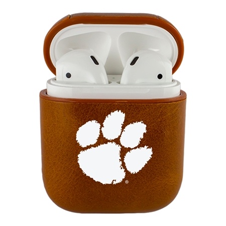 AudioSpice Collegiate Leather Cover for Apple AirPods Generation 1/2 Case with Carabiner and Safety Cord - Clemson Tigers
