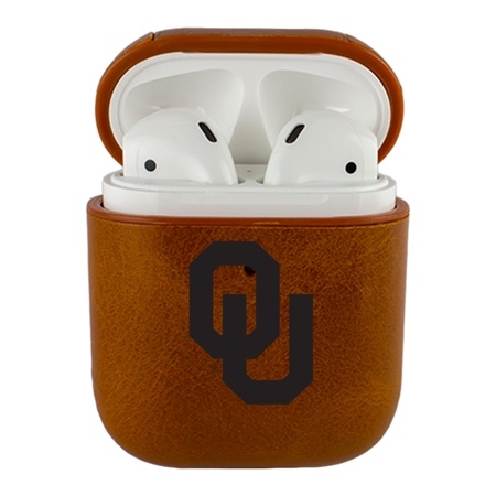 AudioSpice Collegiate Leather Cover for Apple AirPods Generation 1/2 Case with Carabiner and Safety Cord - Oklahoma Sooners
